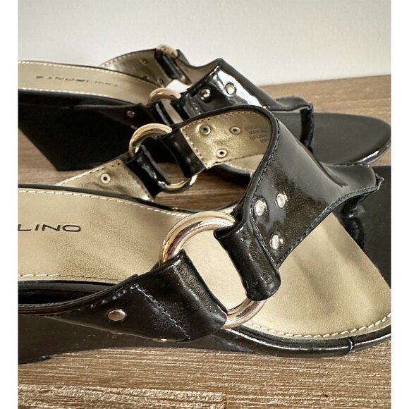 Black Shiny Thong Sandals Womens Size 8 Wedge Heel - Picture 6 of 8